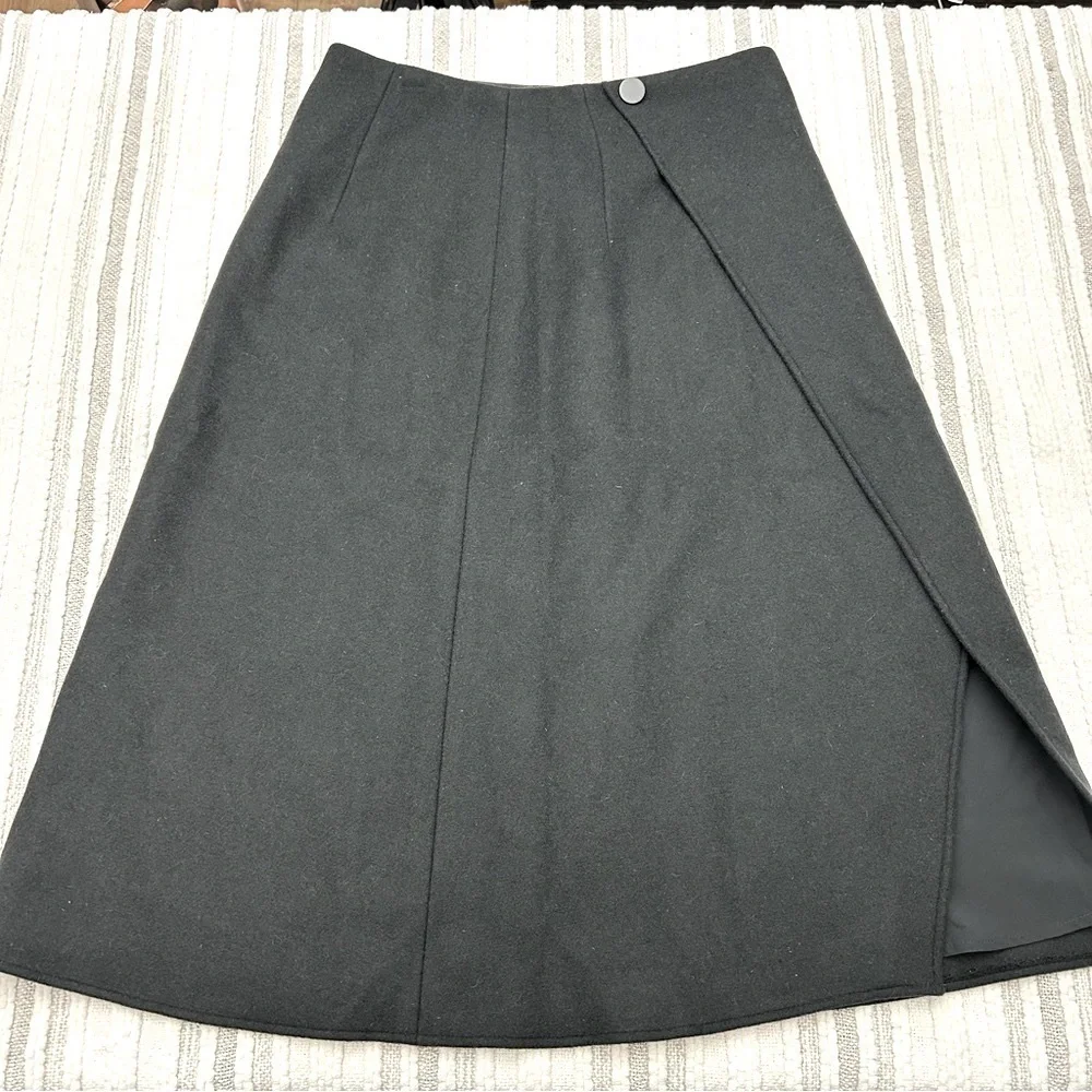 Club Monaco Wool NWT Midi Wrap Skirt Black‎ 10 A Line Quiet Luxury Minimalist